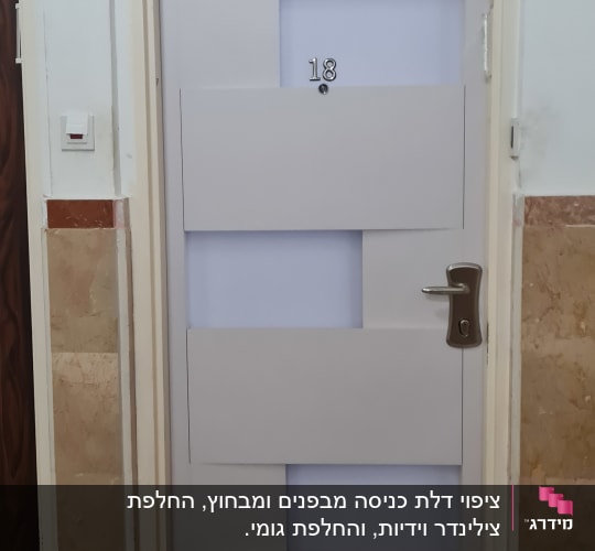דלת מצופה עם ידית מתכת ומספר 18